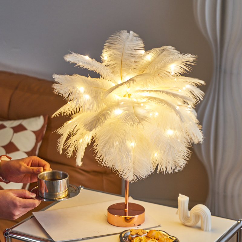 Table Lamp Bedside Lamp Bedroom Ins Girl Light Luxury 2024 New Style High-End Creative Romantic Warm Feather Table Lamp