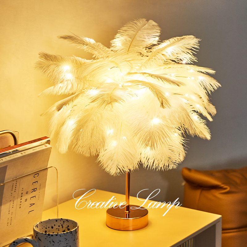 Table Lamp Bedside Lamp Bedroom Ins Girl Light Luxury 2024 New Style High-End Creative Romantic Warm Feather Table Lamp