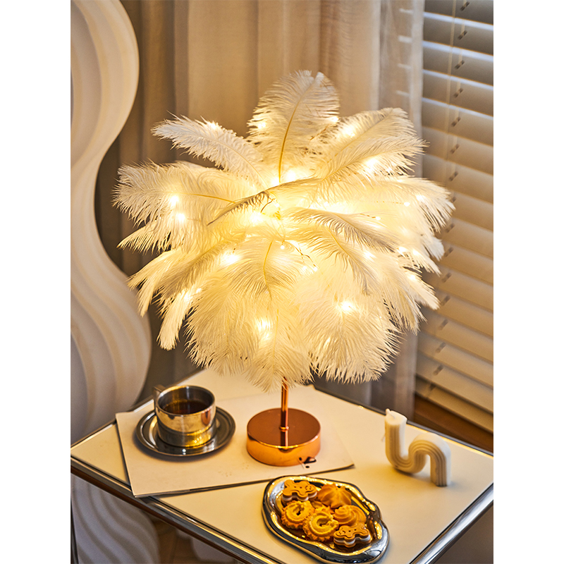 Table Lamp Bedside Lamp Bedroom Ins Girl Light Luxury 2024 New Style High-End Creative Romantic Warm Feather Table Lamp